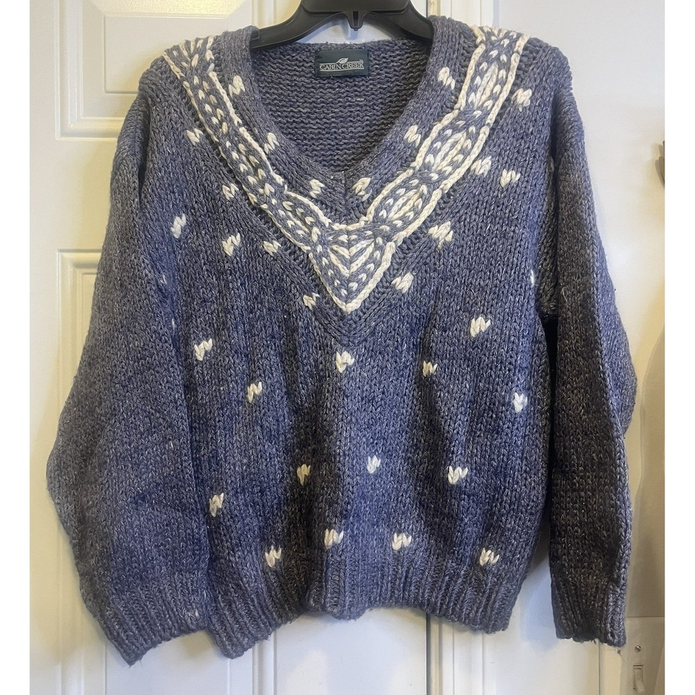 Vintage 90's Yoke Cabin Creek Cottagecore Chunky Knit Sweater Size M Blue White